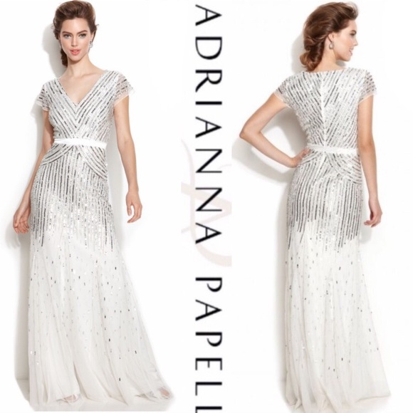 Adrianna Papell beaded cap sleeve v neck long gown - Picture 2 of 11